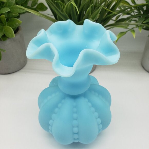Fenton Light Blue Satin Beaded Art Glass Melon Vase with Ruffled Top - Picture 3 of 10